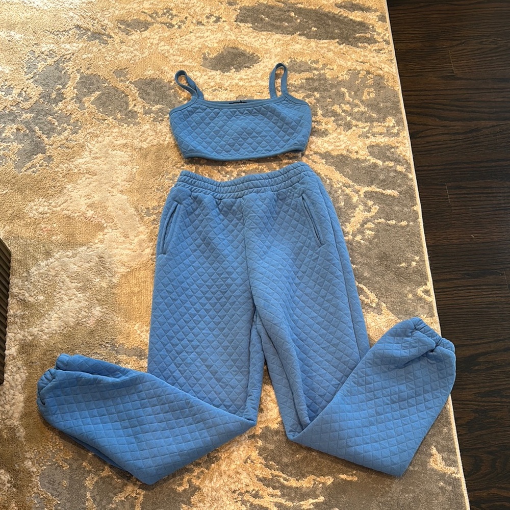 Papermoon Blue Quilted Pants and Crop Top Set
